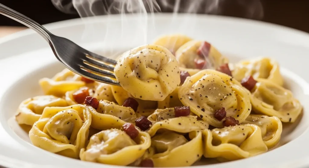 Easy Creamy Tortellini Carbonara Recipe (30 Minute Comfort Food) 3 Freshly served creamy tortellini carbonara on a white plate