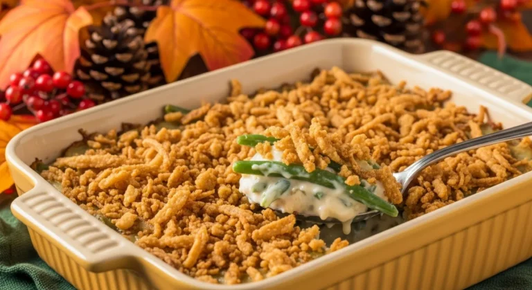 Casserole Green Beans Recipe (Creamy Holiday Favorite) 10 Homemade green bean casserole with crispy fried onions in a baking dish