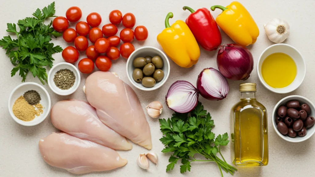 Sheet Pan Greek Chicken & Veggies (Easy One-Pan Meal) 2 Greek chicken and veggies sheet pan ingredients