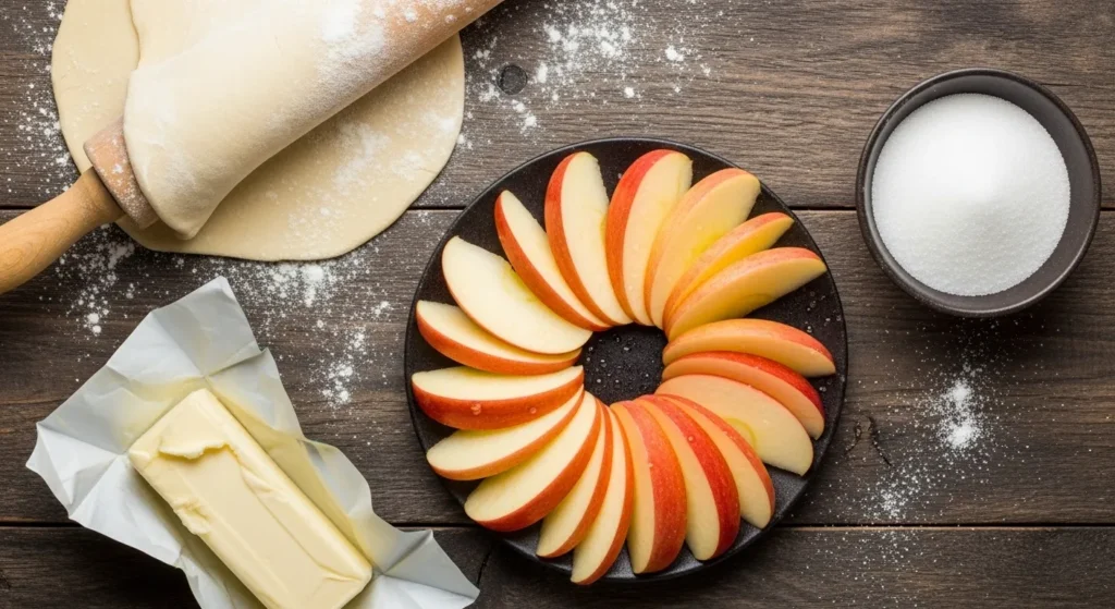 Honeycrisp Apple Galette Recipe 2 Overhead view of Honeycrisp apple galette ingredients including sliced apples, spices, butter, and pie dough."
