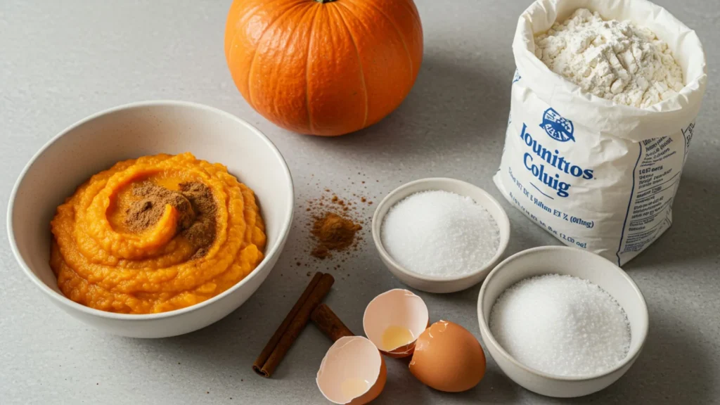 Pumpkin Coffee Cake Recipe (Moist & Cozy for Fall) 2 Pumpkin purée, cinnamon, flour, sugar, eggs on counter.