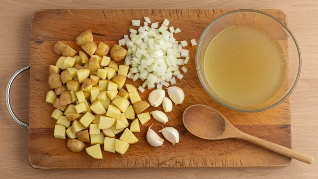Cozy Potato Onion Soup Recipe 2 Diced potatoes, onions, garlic, and broth arranged on a wooden counter