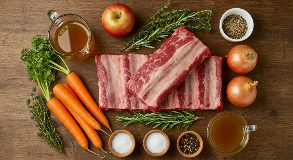 Apple Cider Braised Short Ribs Recipe 2 Overhead view of raw beef short ribs, fresh herbs, carrots, onions, garlic, and apple cider arranged on a wooden table