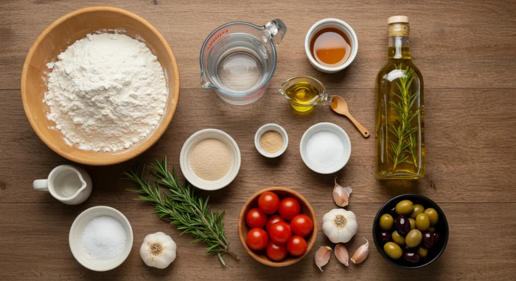 Easy Homemade Focaccia Bread Recipe 2 Overhead view of focaccia bread ingredients including flour, warm water, yeast, olive oil, sea salt, rosemary, garlic, cherry tomatoes, and olives on a rustic wooden table.