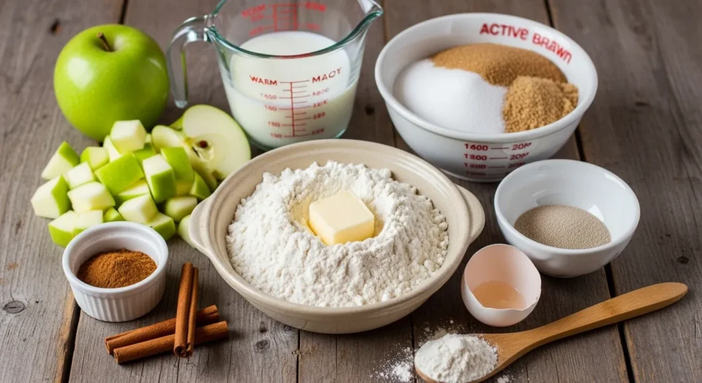 Apple Cinnamon Babka Bread Recipe 2 Ingredients for apple cinnamon babka bread including flour, apples, cinnamon, and butter.