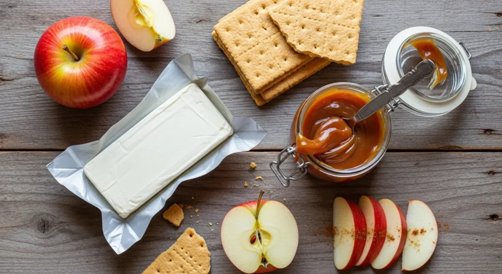 Caramel Apple Cheesecake Bars Recipe 2 Ingredients for caramel apple cheesecake bars on wooden table.