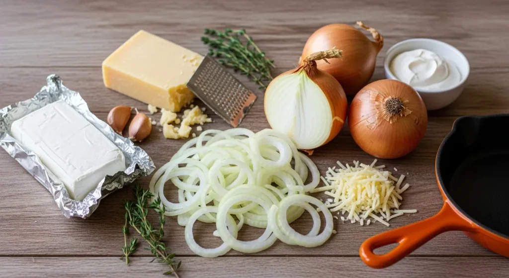 Ingredients for caramelized onion and Gruyere dip including onions, cheese, cream cheese, sour cream, and thyme laid out on a table.