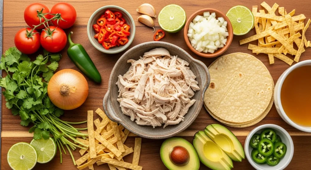 Easy Homemade Chicken Tortilla Soup 2 Ingredients for chicken tortilla soup arranged on a wooden board.