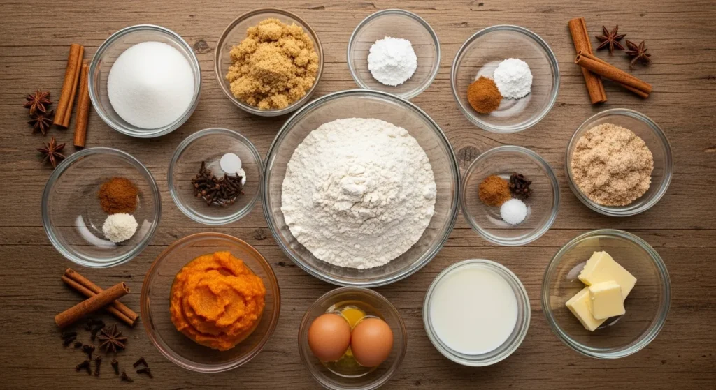 Cinnamon Sugar Pumpkin Muffins Recipe 2 Ingredients for cinnamon sugar pumpkin muffins arranged on a wooden table