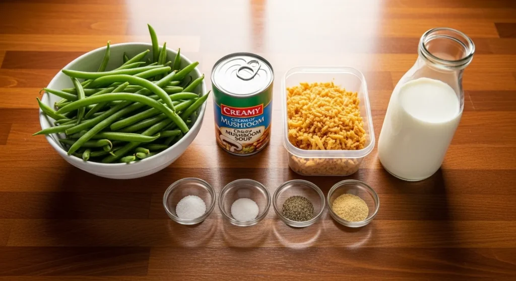 Ingredients for green bean casserole laid out on a wooden counter.