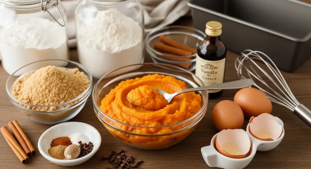 Easy Pumpkin Bread Recipe –Moist and Full of Fall Flavor 2 Ingredients for homemade pumpkin bread arranged on a kitchen counter.