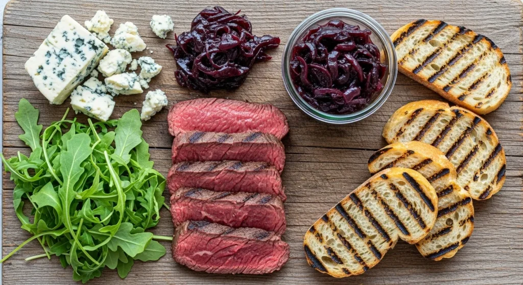 Ingredients for homemade steak sandwiches including ribeye steak, onions, cheese, baguette, and arugula on a wooden board.