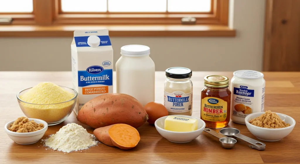 Sweet Potato Cornbread Recipe 2 Ingredients for homemade sweet potato cornbread on wooden table.