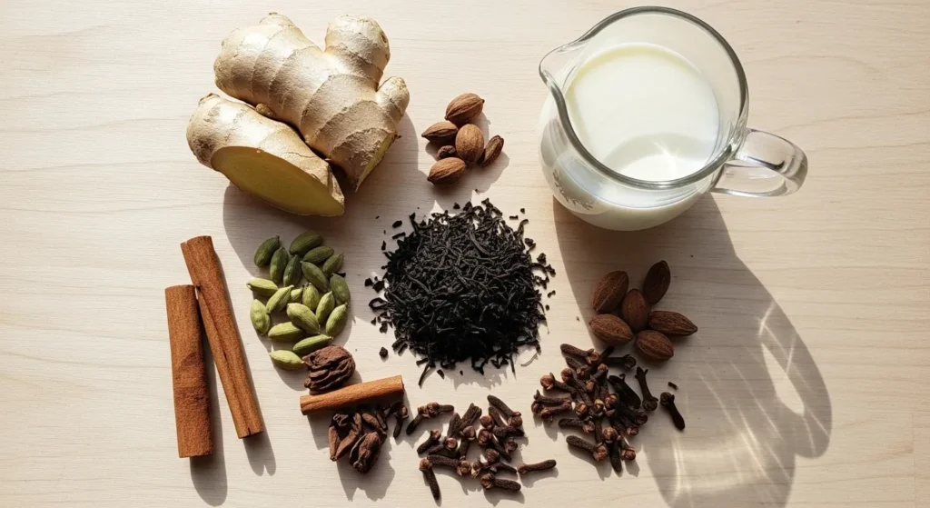 The Best Chai Tea Latte Recipe 2 Ingredients for latte chai including black tea, cinnamon sticks, cardamom pods, cloves, ginger, and milk.