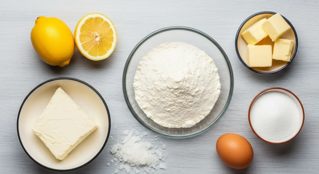 Lemon Coconut Cheesecake Cookies Recipe 2 Ingredients for lemon coconut cheesecake cookies on a marble counter.