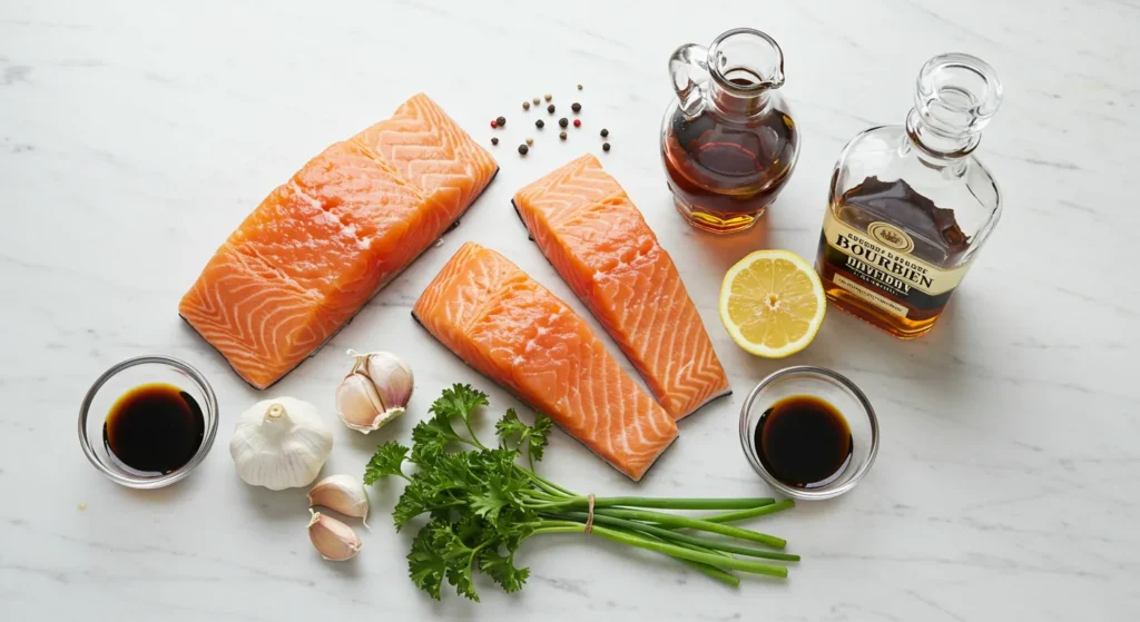 Maple Bourbon Glazed Salmon Recipe 2 Ingredients for maple bourbon glazed salmon recipe including salmon, maple syrup, bourbon, garlic, and lemon