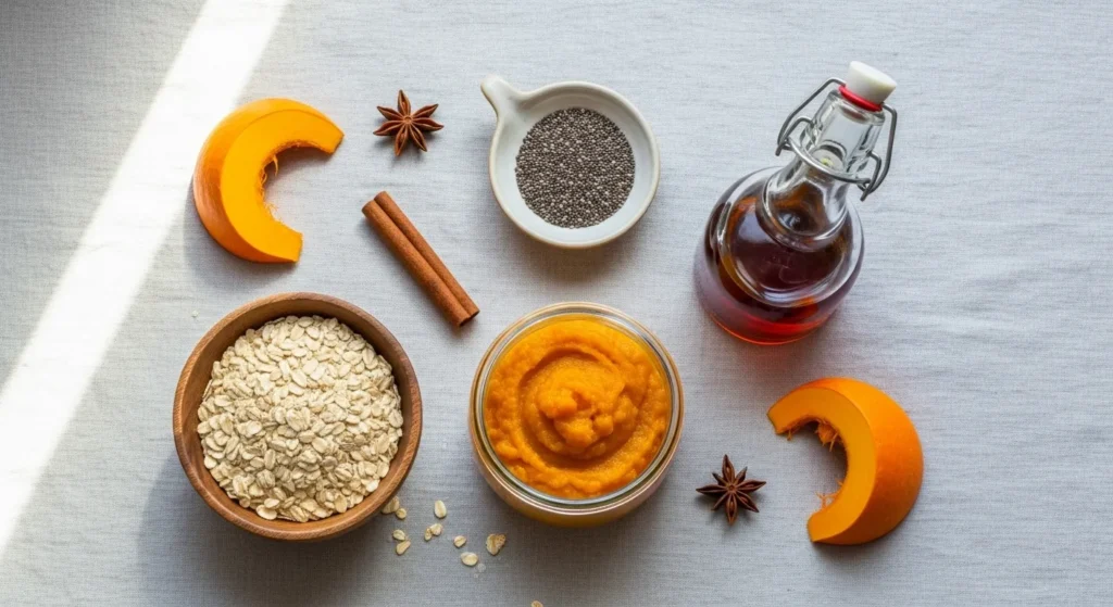 Easy Pumpkin Spice Overnight Oats 2 Ingredients for pumpkin spice overnight oats including oats, pumpkin puree, spices, and almond milk.