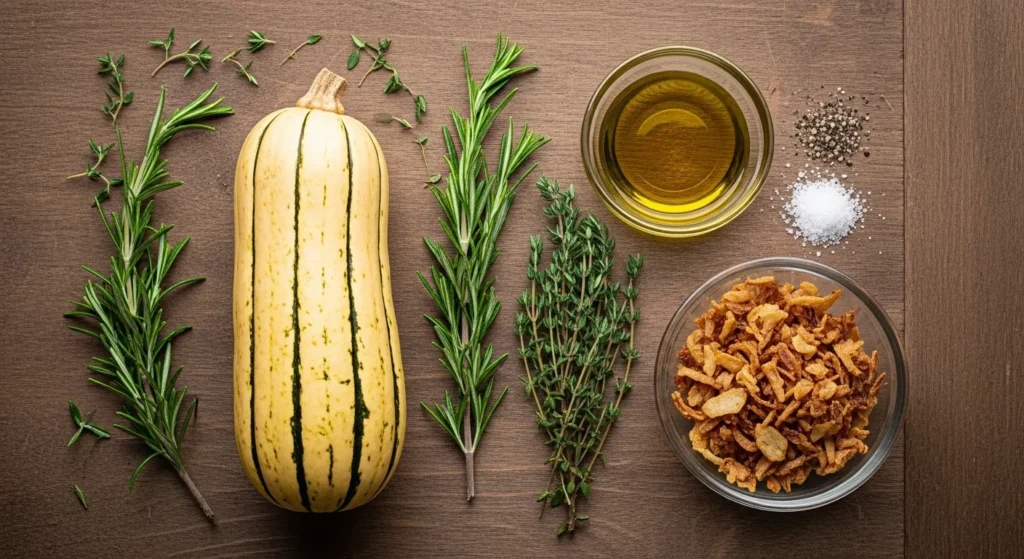 Roasted Delicata Squash with Crispy Onions 2 Ingredients for roasted delicata squash recipe – squash, olive oil, herbs, and crispy onions.