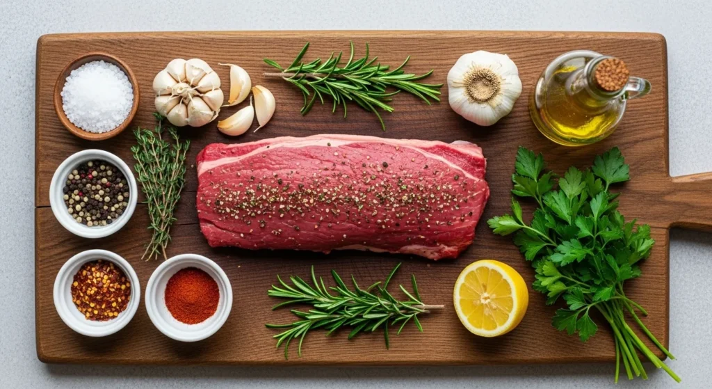 Beef Steak Flank Recipe–Juicy and Easy to Make 2 Small bowls filled with garlic, salt, black pepper, paprika, and olive oil for seasoning flank steak.
