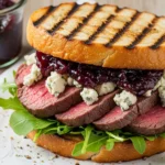 Juicy steak sandwich with melted provolone and caramelized onions on a toasted roll