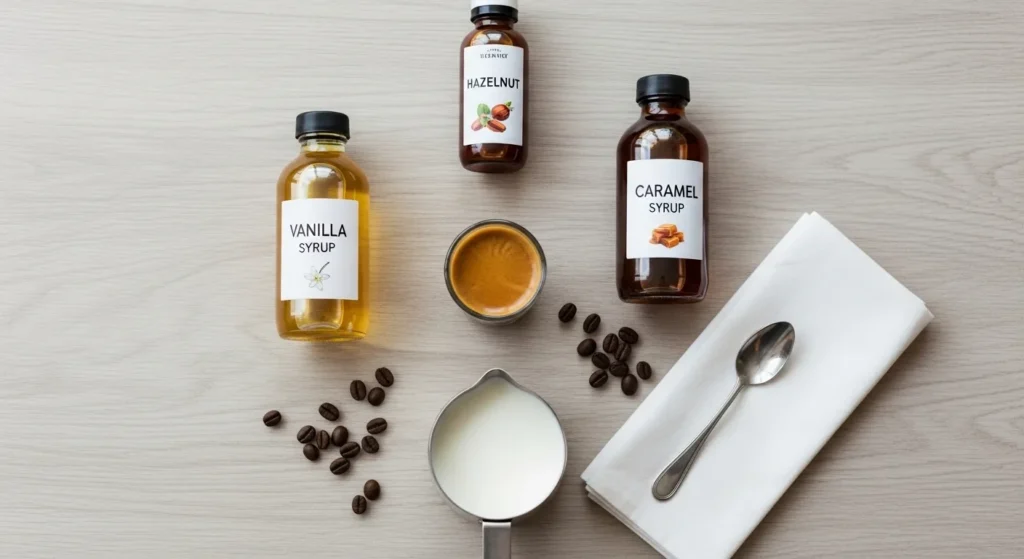 Easy Latte Macchiato Recipe 2 Latte macchiato ingredients including espresso shot, fresh milk, and syrup bottles.