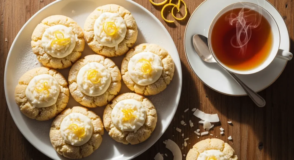 Lemon Coconut Cheesecake Cookies Recipe 3 Lemon coconut cheesecake cookies served on a plate with lemon slices.