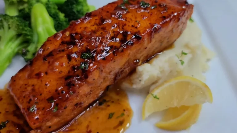 Maple Bourbon Glazed Salmon Recipe 9 Maple bourbon glazed salmon fillet served with vegetables.