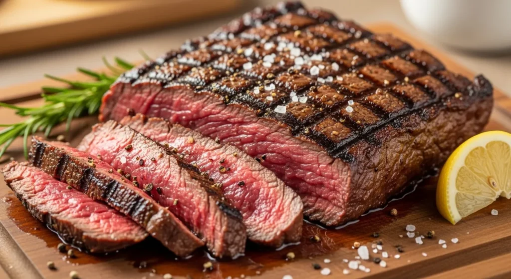 Beef Steak Flank Recipe–Juicy and Easy to Make 3 Close up of tender, medium rare flank steak with a pink center and seared edges.