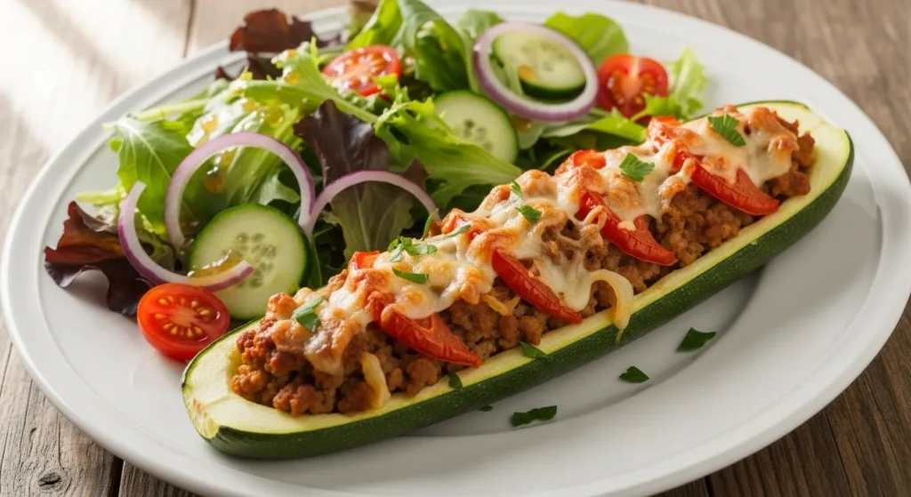 Ground Beef Zucchini Boats Recipe (30 Minutes) 3 Zucchini boat served with fresh green salad on a white plate