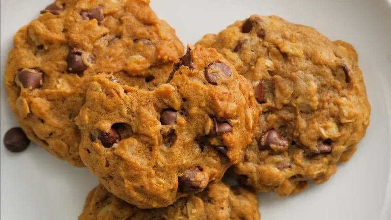 Pumpkin Chocolate Chip Oatmeal Cookies Recipe 5 Close up view of pumpkin chocolate chip oatmeal cookie with melted chocolate and oats.