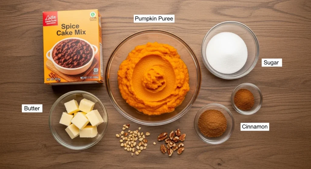 Pumpkin Dump Cake Recipe – Easy Fall Dessert You’ll Love 2 Pumpkin dump cake ingredients measured and arranged on a countertop.