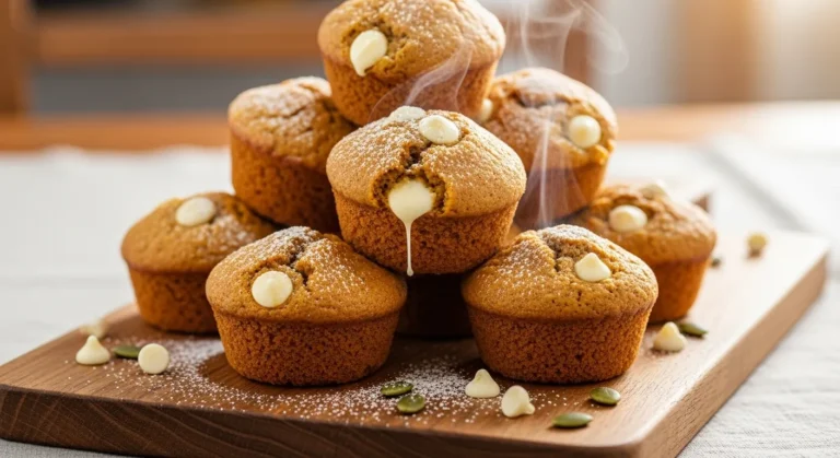 Pumpkin White Chocolate Chip Muffins Recipe, Moist & Fall Inspired 7 Freshly baked pumpkin white chocolate chip muffins stacked on a wooden board