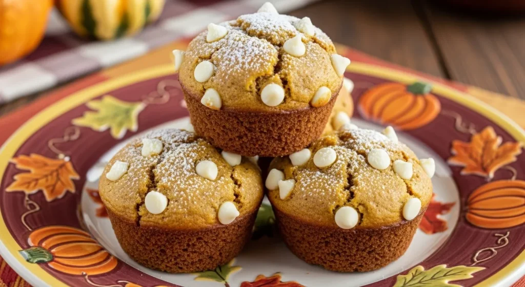 Pumpkin White Chocolate Chip Muffins Recipe, Moist & Fall Inspired 3 Pumpkin white chocolate chip muffins served on a fall themed plate
