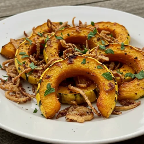 Roasted Delicata Squash with Crispy Onions 4 Plated roasted delicata squash topped with crispy onions and fresh parsley