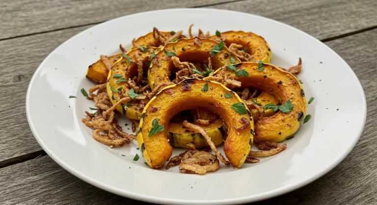 Roasted Delicata Squash with Crispy Onions 8 Plated roasted delicata squash topped with crispy onions and fresh parsley
