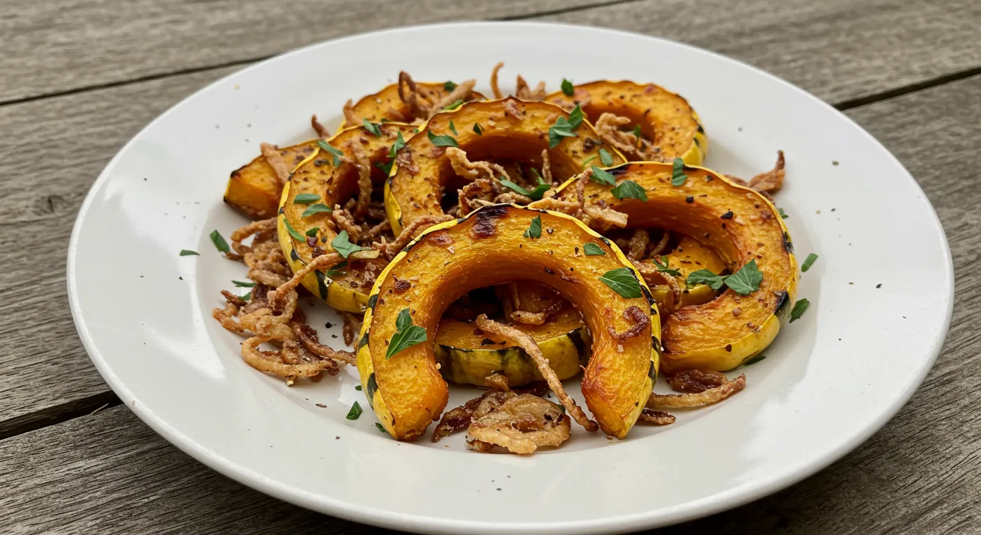 Roasted Delicata Squash with Crispy Onions 1 Plated roasted delicata squash topped with crispy onions and fresh parsley
