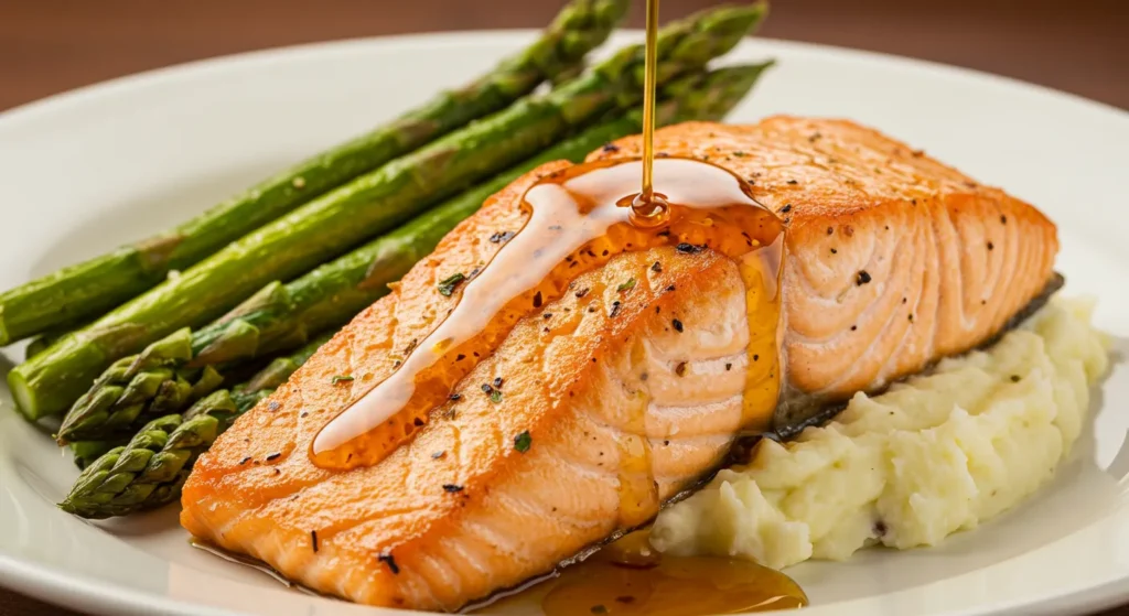 Maple Bourbon Glazed Salmon Recipe 3 Maple bourbon glazed salmon plated with mashed potatoes and roasted asparagus