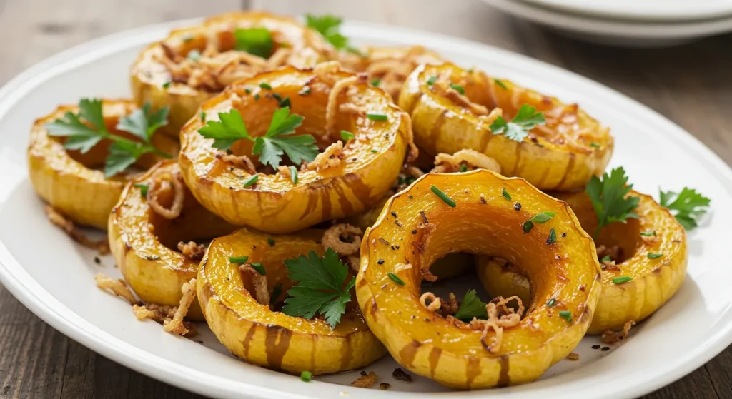 Roasted Delicata Squash with Crispy Onions 3 Golden roasted delicata squash with crispy onions and herbs on a platter.