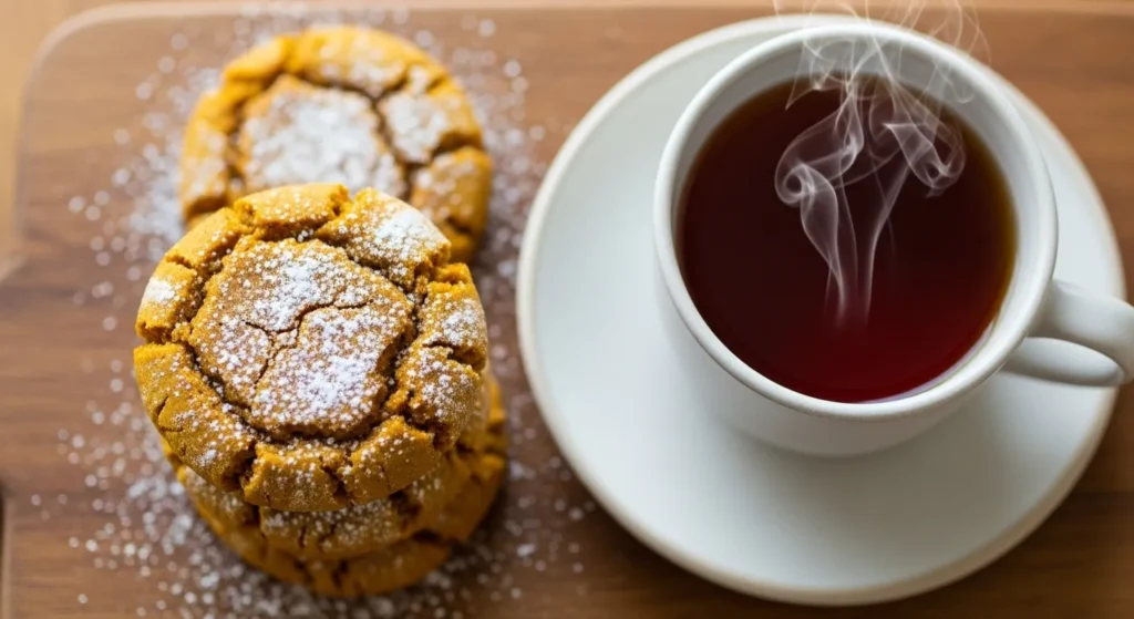 Chai Spiced Pumpkin Cookies Recipe 3 Chai spiced pumpkin cookies served with a mug of tea