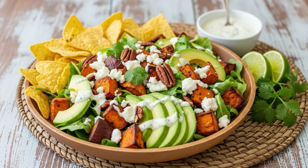 Roasted Sweet Potato Black Bean Salad Recipe 3 Bowl of roasted sweet potato black bean salad served with avocado slices and tortilla chips.