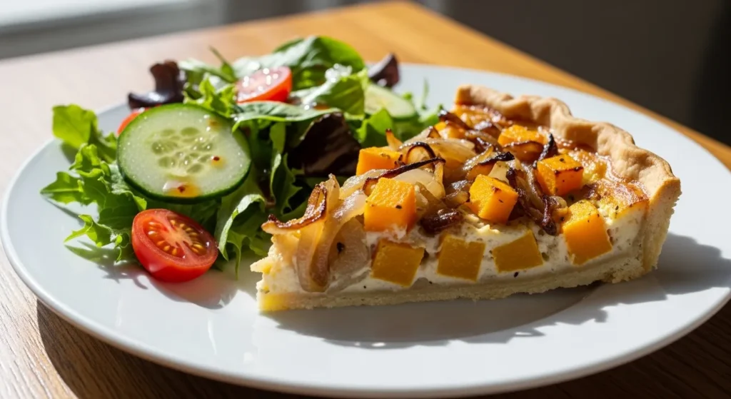 Slice of Caramelized Onion Butternut Squash Tart on a white plate with a salad