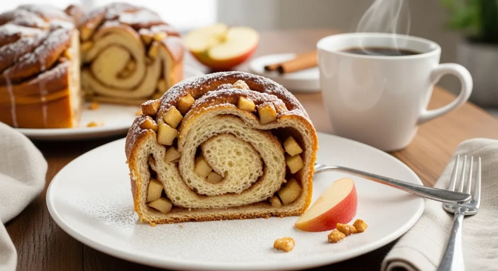 Apple Cinnamon Babka Bread Recipe 3 Slice of apple cinnamon babka served on a plate with a cup of coffee.