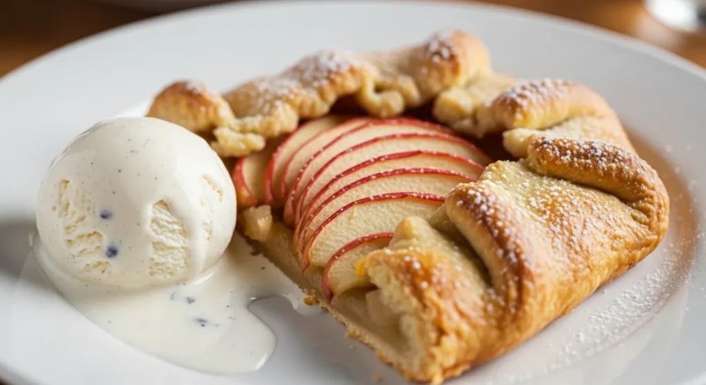 Honeycrisp Apple Galette Recipe 3 Slice of Honeycrisp apple galette served with vanilla ice cream.