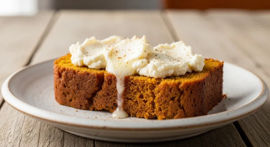 Easy Pumpkin Bread Recipe –Moist and Full of Fall Flavor 3 Slice of pumpkin bread served with butter on a plate.
