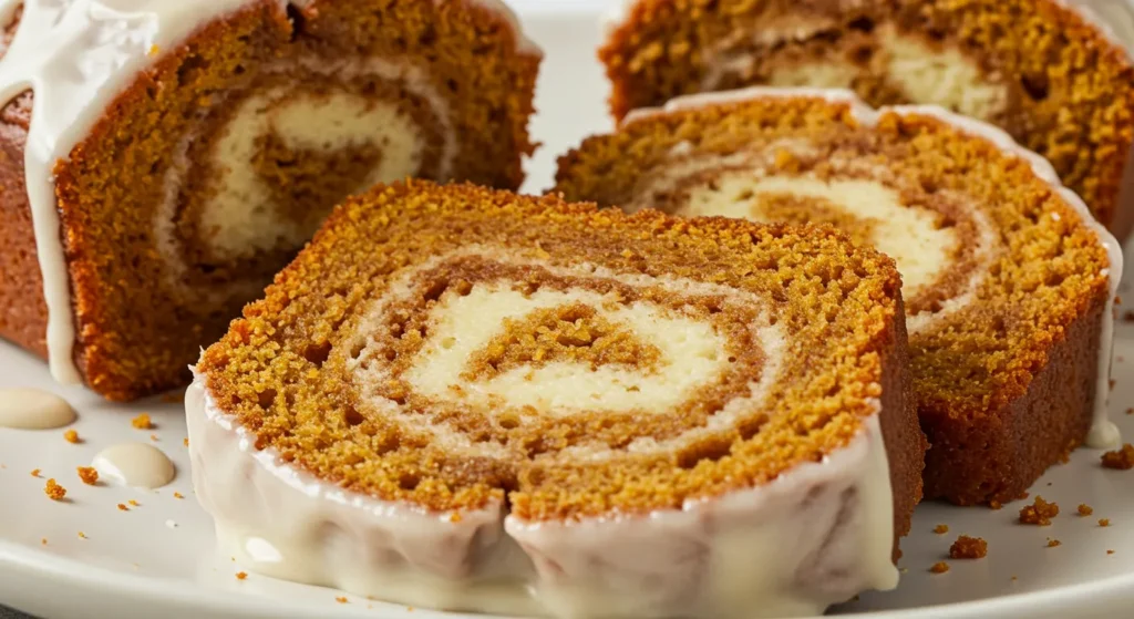 Cinnamon Roll Pumpkin Bread with Cream Cheese Glaze Recipe 3 Slices of cinnamon roll pumpkin bread topped with cream cheese glaze on a white plate.