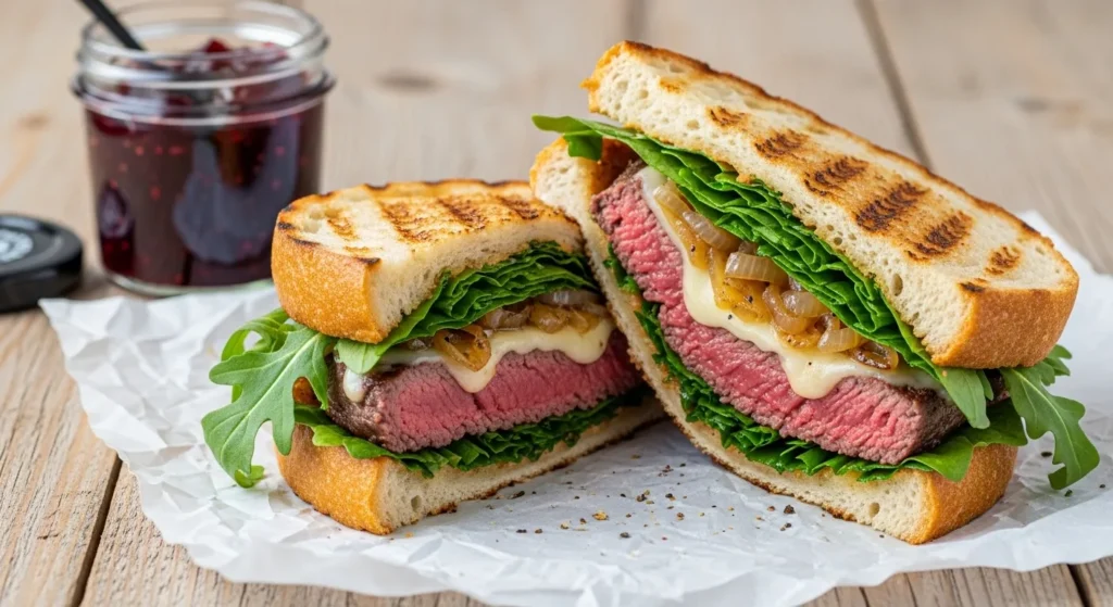 Steak sandwich sliced in half, showing tender steak, cheese, and onions inside.