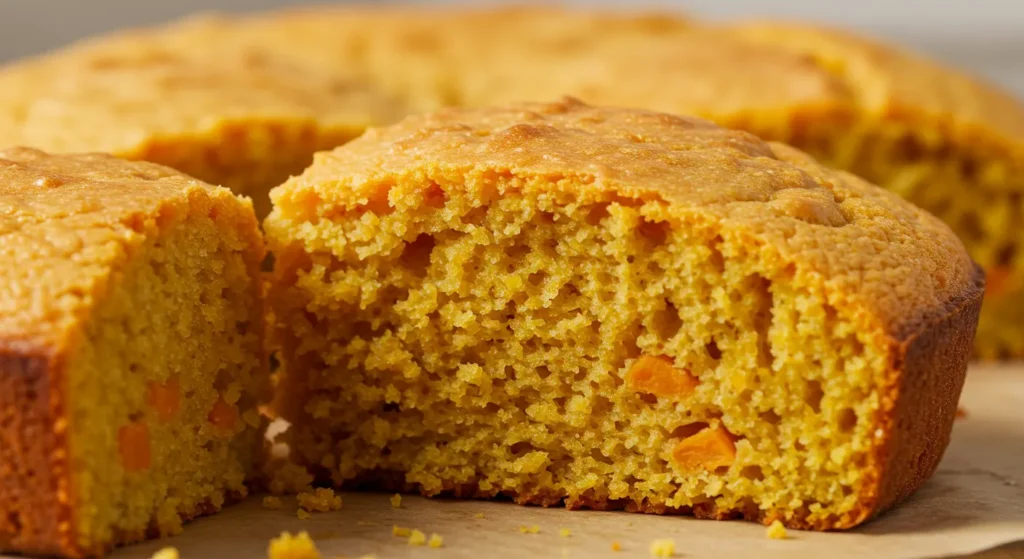 Sweet Potato Cornbread Recipe 3 Close up of moist and fluffy sweet potato cornbread texture.