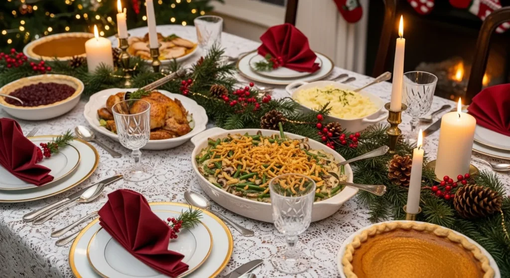 Green bean casserole on a holiday dinner table