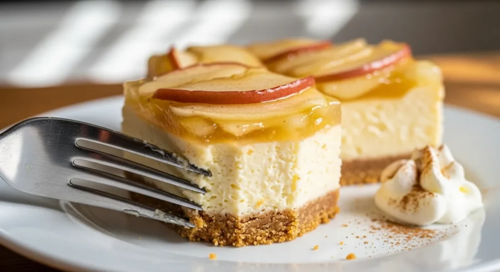 Caramel Apple Cheesecake Bars Recipe 3 Fork lifting a creamy apple cheesecake bar with visible layers