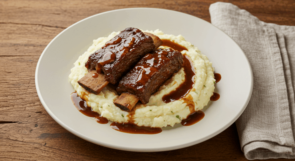 Apple Cider Braised Short Ribs Recipe 3 Apple cider braised short ribs served over creamy mashed potatoes with sauce drizzled on top.
